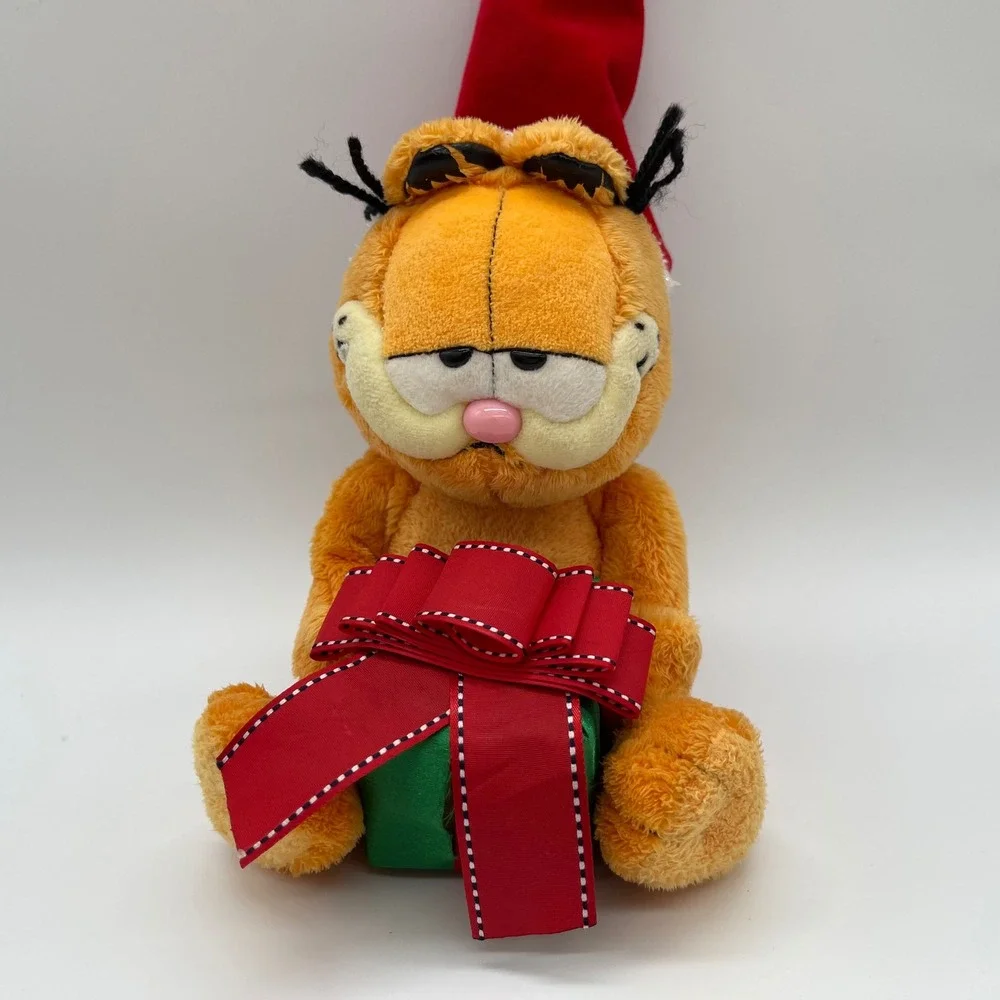 Ty Beanie Babies Garfield Christmas Plush Santa Hat Green Gift Box Holiday 8